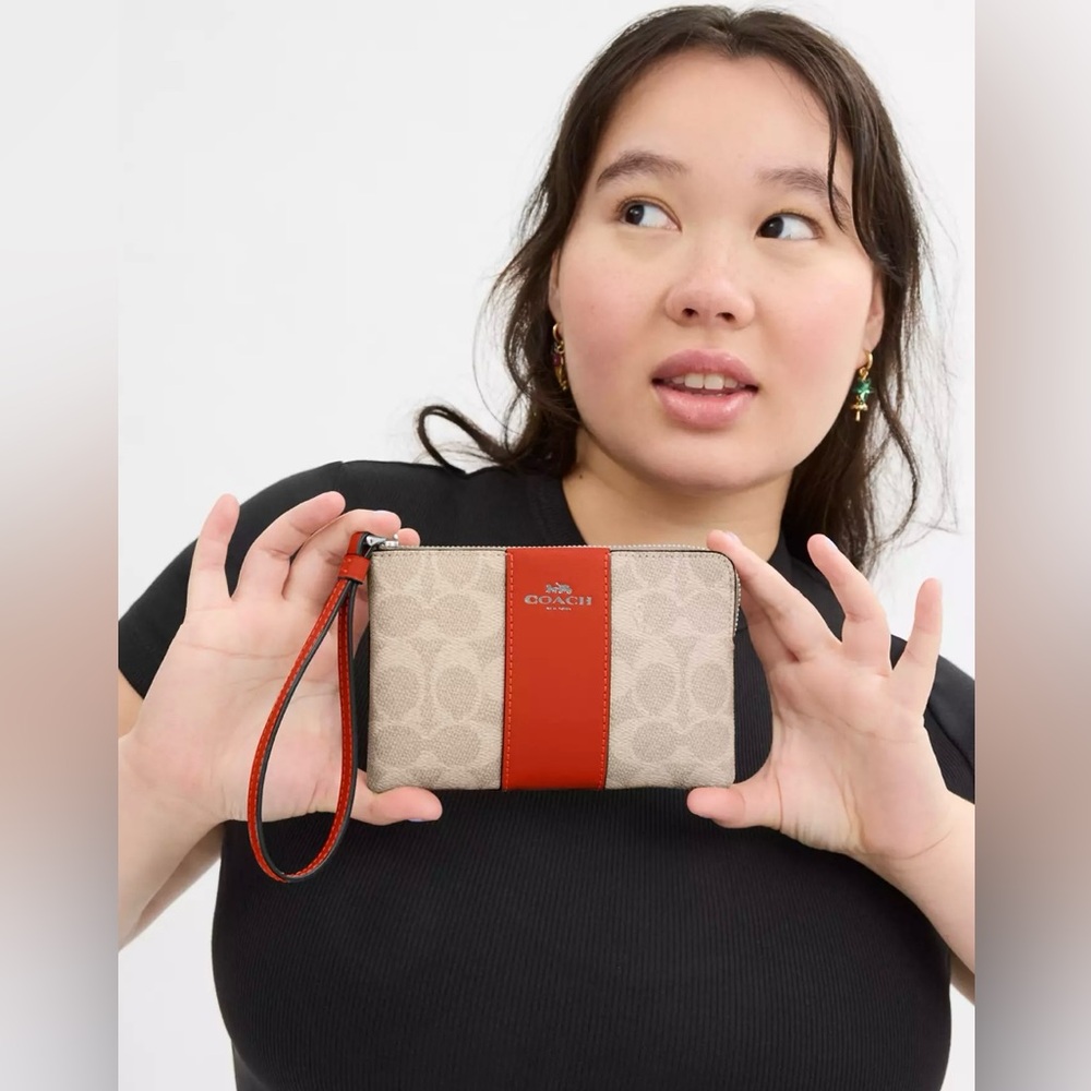 Coach Corner Zip Wristlet Canvas With Stripe orange/silver small pouch CW854 - Picture 6 of 6